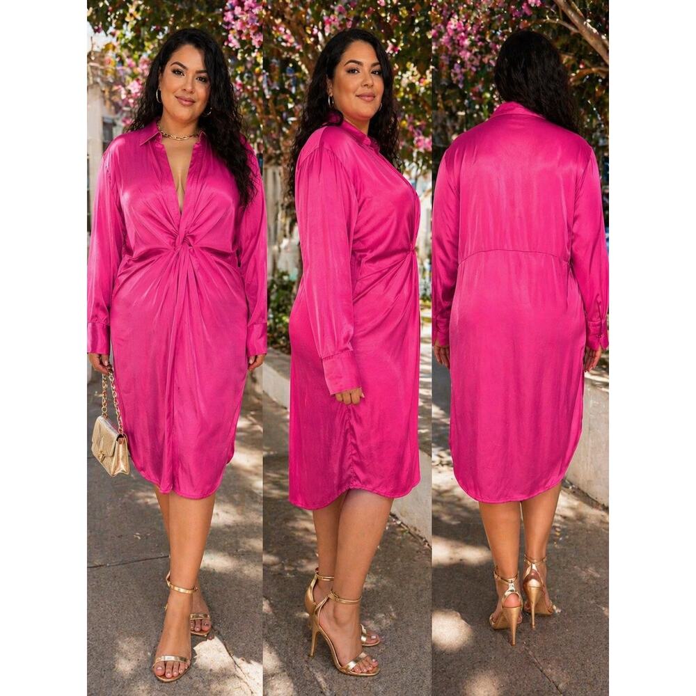Zara Twist Front Shirt Dress Women's 2XL Hot Pink Satin Button Front Cocktail